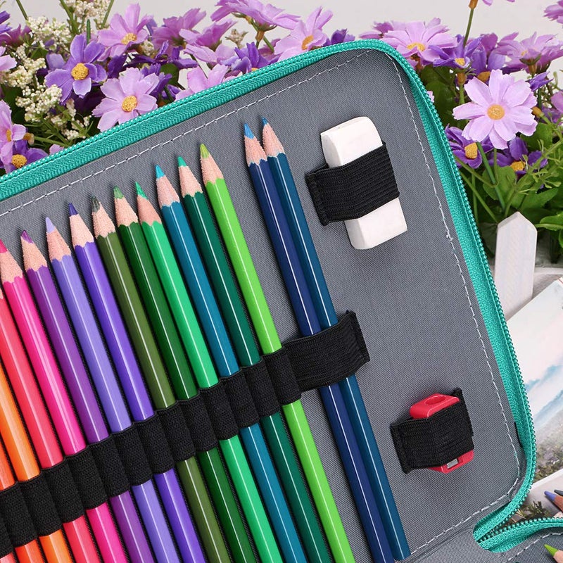 BTSKY 200 Slots Colored Pencil Organizer - Deluxe PU Leather Pencil Case Holder With Removal Handle Strap Pencil Box Large for Colored Pencils Watercolor Pencils (Green) - Image 4